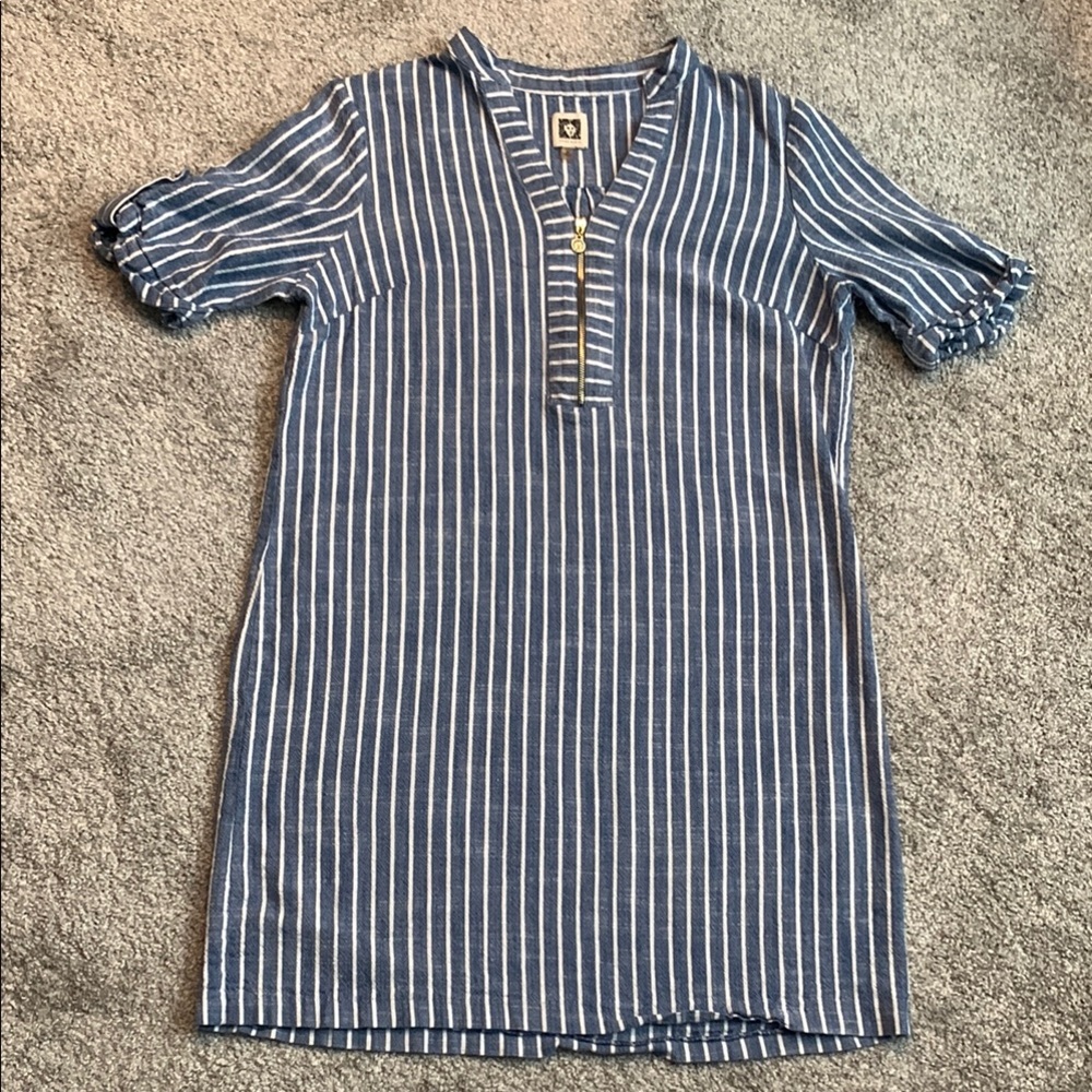 Anne Klein blue white striped cotton blend midi dress size 12 short sleeves